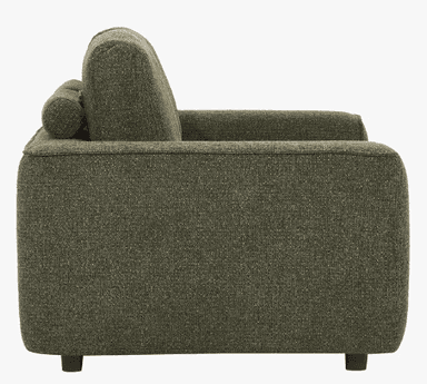 A contemporary two-seater loveseat upholstered in a textured olive green boucle-style fabric, featuring clean lines, block track arms, and a distinctive channeled seat cushion design. — 3D model