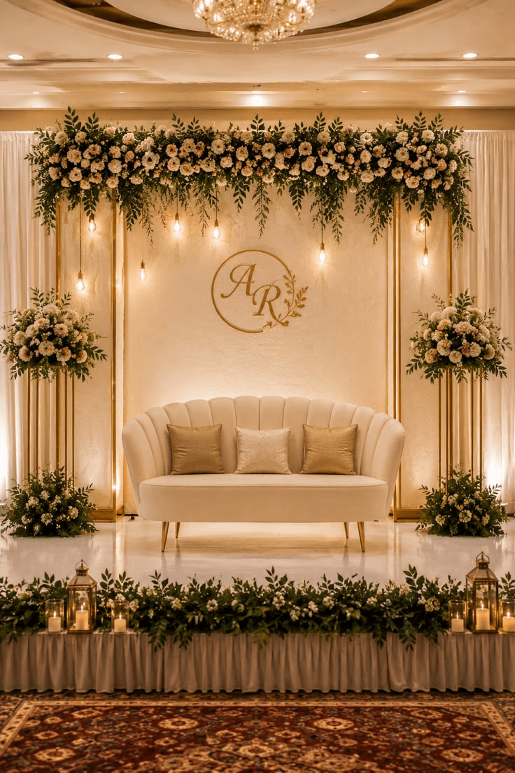 A contemporary loveseat featuring a curved backrest with prominent channel tufting, upholstered in a light beige velvet fabric, and supported by tapered gold-finished metal legs. Three decorative throw pillows are included. — 3D model