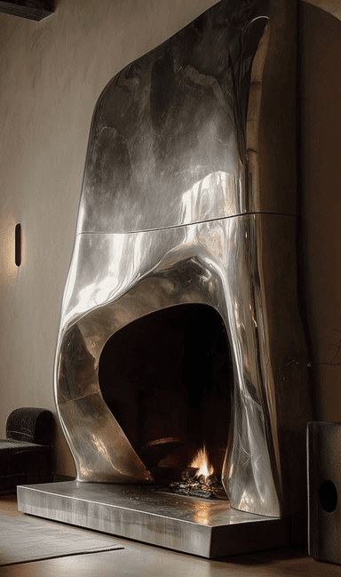 A modern, free-standing fireplace with an organic, sculptural form. It features a smooth, metallic-sheened exterior with a large, irregularly shaped opening at the front. The base is a flat, rectangular plinth. — 3D model
