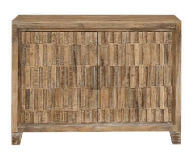 A rectangular wooden storage cabinet featuring two doors with a distinctive textured, geometric pattern. The cabinet is supported by short, block-like feet and finished in a natural, light-toned wood. It includes simple metal bar handles. — 3D model