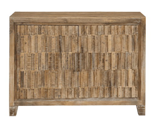 A rectangular wooden storage cabinet featuring two doors with a distinctive textured, geometric pattern. The cabinet is supported by short, block-like feet and finished in a natural, light-toned wood. It includes simple metal bar handles. — 3D model