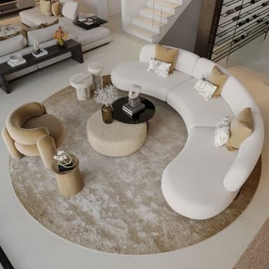 A large, contemporary curved sectional sofa upholstered in a light-colored boucle fabric. The sofa comprises multiple modular sections that create a continuous, flowing crescent shape, featuring a low profile and plush, armless seating. Several decorative throw pillows in muted tones accent the sofa. — 3D model