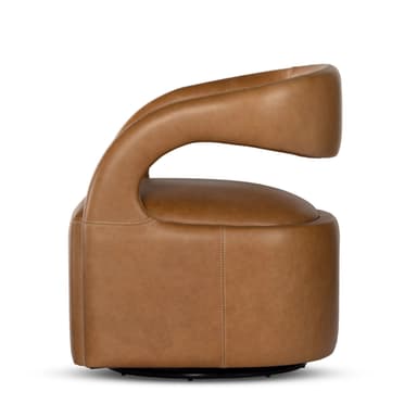 A contemporary swivel armchair upholstered in tan leather, featuring a rounded barrel back and integrated armrests. The chair has prominent contrast stitching along its edges and a concealed swivel base. — 3D model