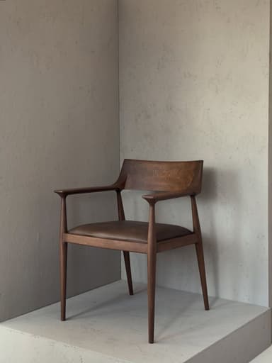 A sophisticated Mid-Century Modern armchair crafted from dark wood with a gently curved backrest and integrated armrests, featuring a comfortable dark brown upholstered seat. — 3D model