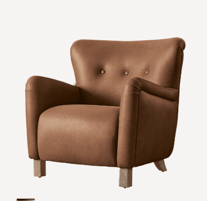 A brown upholstered armchair with button tufting on the backrest, gently curved armrests, and exposed light-toned tapered wooden legs. — 3D model