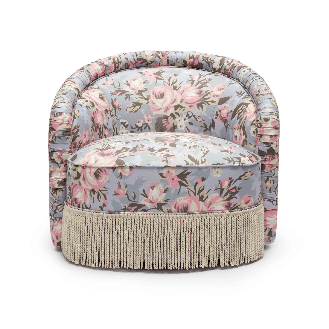 A small, fully upholstered barrel-back accent chair featuring a vibrant floral pattern and a decorative fringe skirt along its base. — 3D model