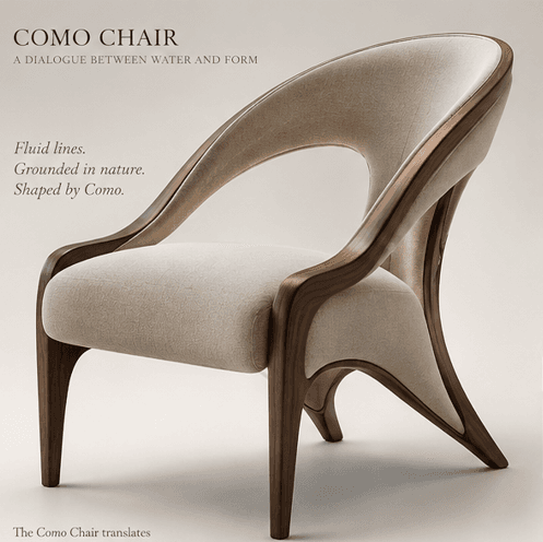A contemporary armchair featuring a dark-stained, curved walnut wood frame and light beige upholstered seat and back. The frame forms a continuous, organic silhouette that encapsulates the cushioned elements, with an open back design highlighting the sculptural wood. — 3D model