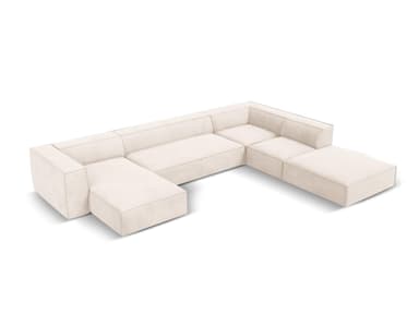 A modular sectional sofa with a U-shaped configuration. It features multiple seating modules and chaise lounges, upholstered in a light-colored, textured fabric. The design is contemporary with clean lines and prominent stitching detail along the edges. — 3D model