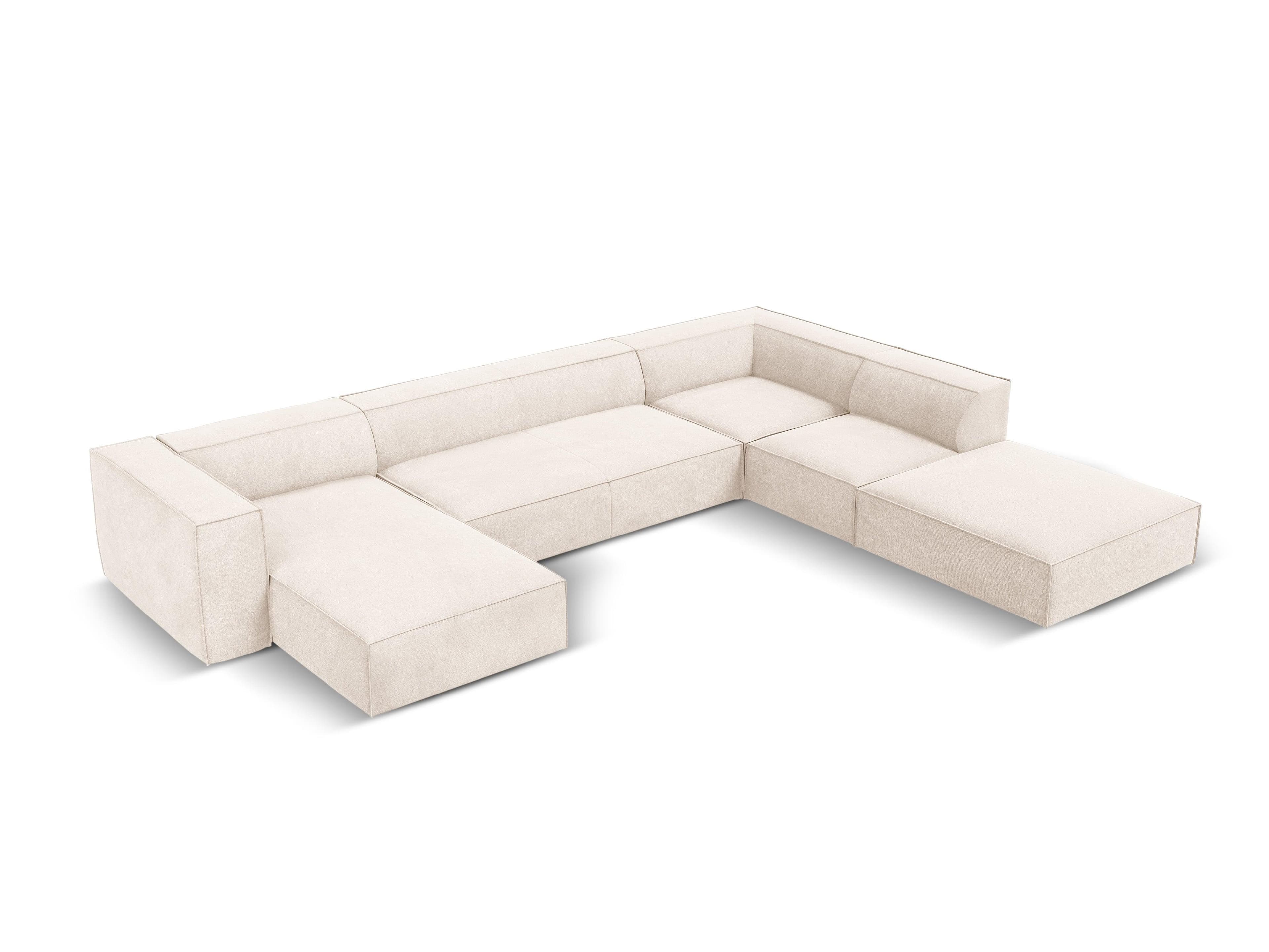A modular sectional sofa with a U-shaped configuration. It features multiple seating modules and chaise lounges, upholstered in a light-colored, textured fabric. The design is contemporary with clean lines and prominent stitching detail along the edges. — 3D model