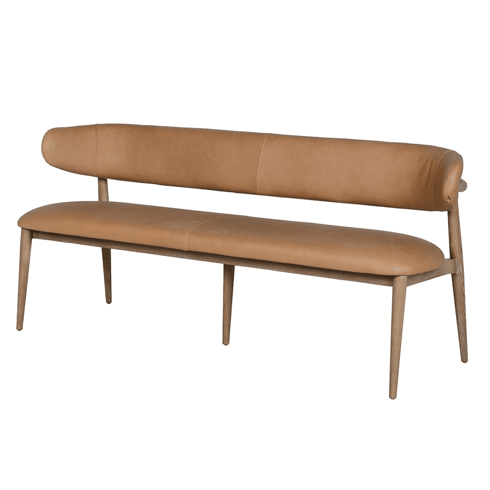 A modern backed bench featuring a sleek tan leather upholstered seat and backrest, supported by a light-toned wooden frame with tapered legs. The backrest has a distinctive rounded, bolster-like shape. — 3D model