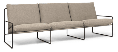A three-seater sofa with a minimalist design. It features a slender black metal frame with angular legs supporting a light grey upholstered seat and back cushions. The backrest is divided into three distinct sections, and the seat is composed of three individual cushions. — 3D model