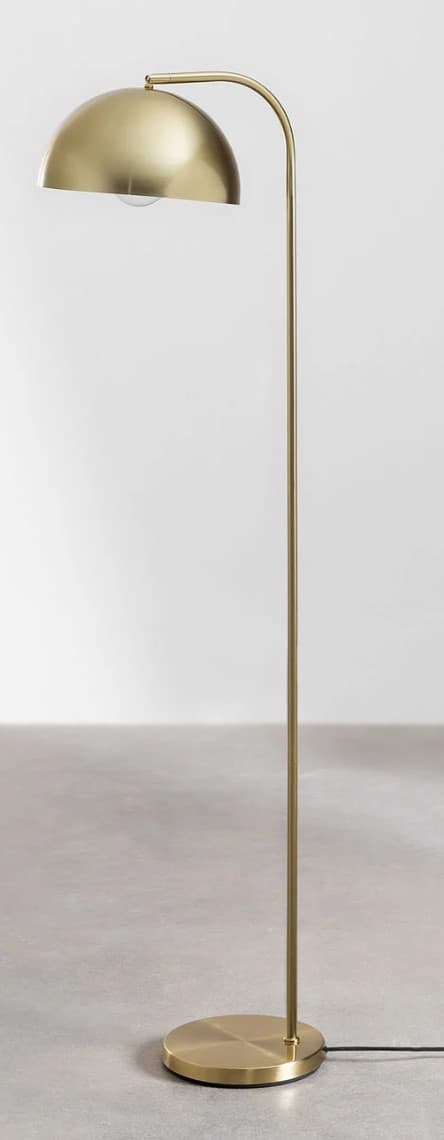 A modern, arc-style floor lamp with a brushed brass finish. It features a curved stem that extends from a circular base, supporting a hemispherical lampshade that directs light downwards. A visible light bulb is present within the shade. — 3D model