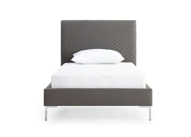 A modern single bed featuring a tall, rectangular headboard and frame upholstered in a dark grey material. The headboard is distinguished by a diamond-quilted pattern, while the bed frame is smooth. The bed is supported by short, sleek, polished metal legs. — 3D model