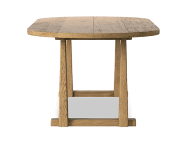 A low-profile coffee table featuring an oval-shaped top and two substantial, rectangular slab-style legs. The entire piece is constructed from solid wood, presenting a natural, light brown hue with visible grain and a somewhat rustic, possibly distressed, finish. — 3D model