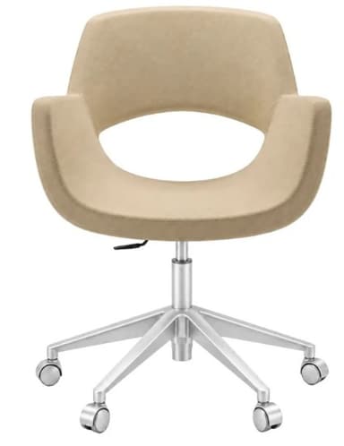A contemporary swivel desk chair featuring a continuous, scooped seat and backrest design with integrated arms, upholstered in a smooth beige material. It rests on a five-star base made of brushed silver-tone metal, fitted with durable casters for mobility. A lever is visible beneath the seat, indicating height adjustment functionality. — 3D model