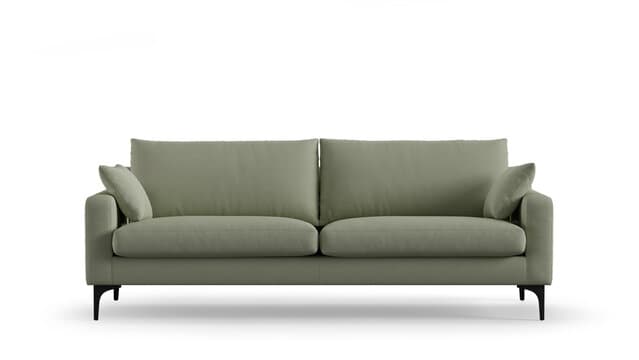A contemporary sofa with a light sage green upholstery. It features two seat cushions and two back cushions, with a slightly raised armrest on the right side. The sofa is supported by slim, dark metal legs with a subtle curve. — 3D model