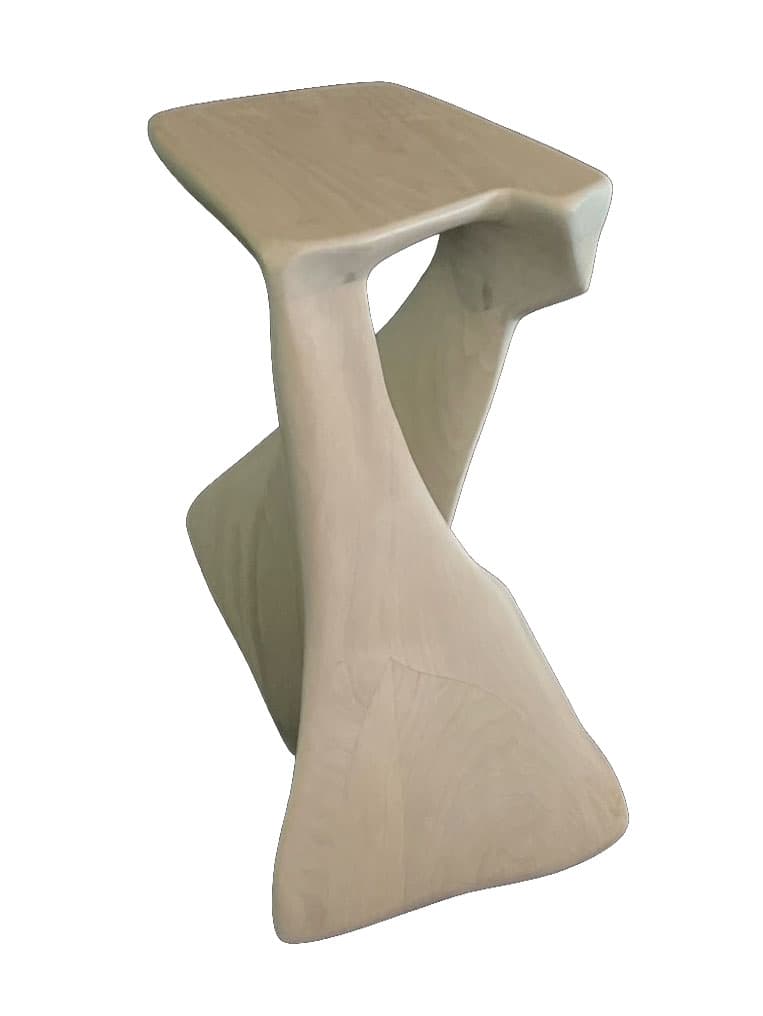 A modern, sculptural side table with a smooth, flowing design. The table has a rectangular top with slightly rounded corners and features a single, twisted pedestal base that branches out towards the bottom for stability. The form is organic and appears to be carved from a single piece of wood. — 3D model