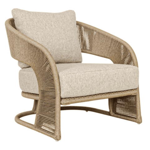 A contemporary lounge armchair featuring a curved frame wrapped in natural-toned rope, complemented by removable light beige fabric cushions on the seat and back. The frame forms integrated arms and a sled-style base. — 3D model