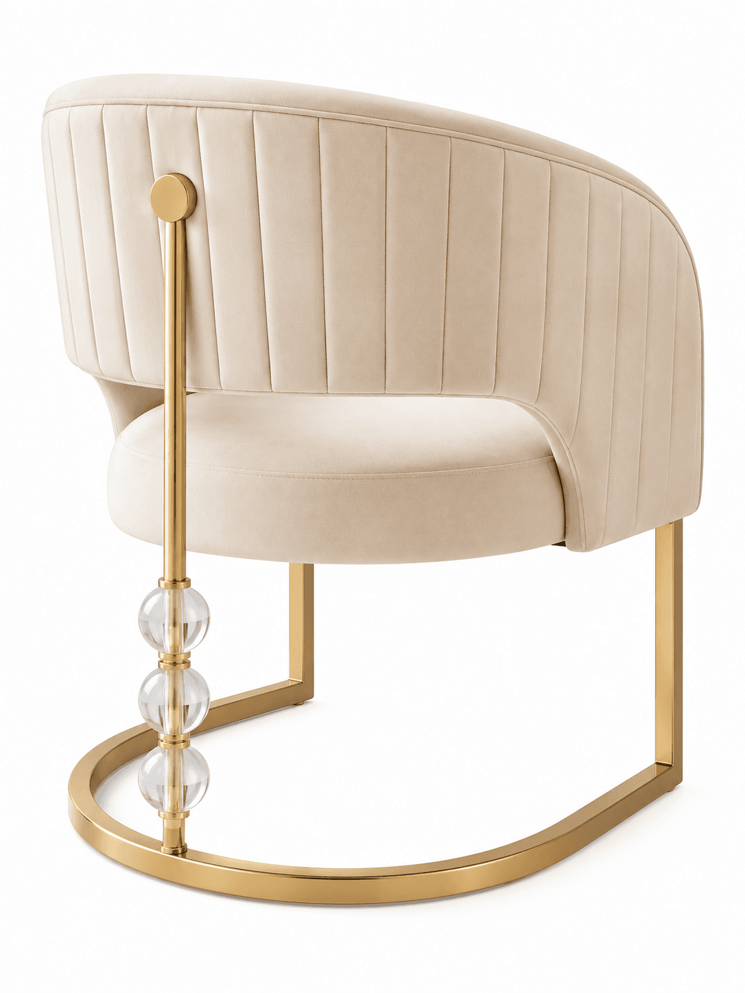 A contemporary accent chair featuring a rounded barrel-shaped back and seat, upholstered in a soft beige velvet fabric. The backrest is detailed with vertical channel tufting. The chair is supported by a distinctive gold-finished metal frame that forms an open, curved base. A decorative vertical gold rod with three clear acrylic spheres embellishes the rear left side of the chair, connecting the backrest to the base. — 3D model