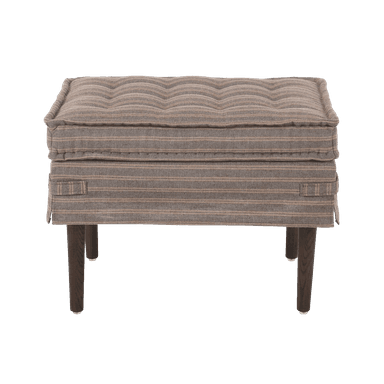 A rectangular ottoman with a tufted top and upholstered sides, supported by four dark wooden legs. The upholstery features a subtle striped pattern. It appears to be a standalone piece designed for seating or footrest. — 3D model