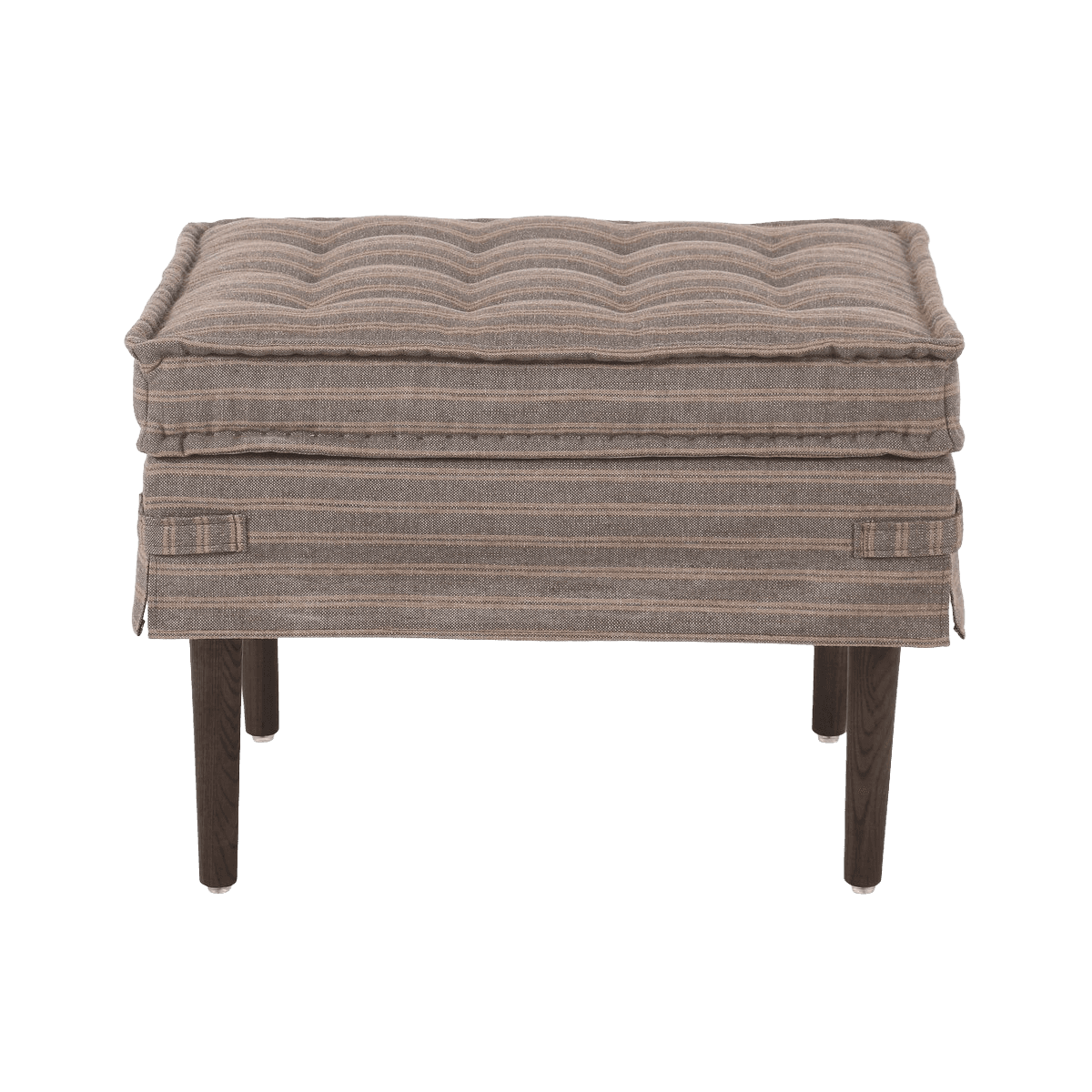 A rectangular ottoman with a tufted top and upholstered sides, supported by four dark wooden legs. The upholstery features a subtle striped pattern. It appears to be a standalone piece designed for seating or footrest. — 3D model