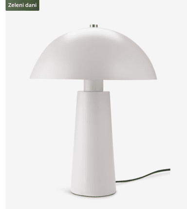 A minimalist white table lamp featuring a distinctive mushroom-shaped dome shade atop a conical base, accented with a small brass detail. — 3D model