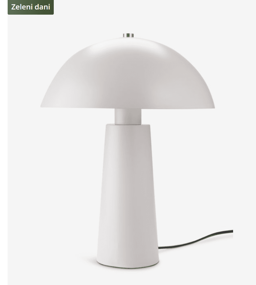 A minimalist white table lamp featuring a distinctive mushroom-shaped dome shade atop a conical base, accented with a small brass detail. — 3D model