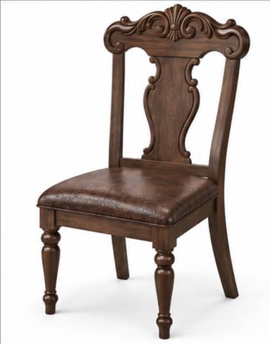 A dark brown wooden side chair featuring elaborate carving on its backrest and an upholstered seat. The chair has a traditional design with turned front legs and gently curved rear legs. The backrest includes a prominent carved crest rail and an openwork scrolled design flanking a central splat. — 3D model