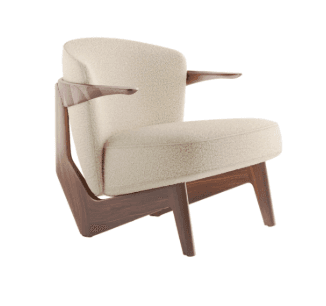 A modern armchair with a distinctive sculptural wooden base and upholstered seat and back. The armchair features curved wooden armrests that extend from the back supports and are integrated into the main frame. The upholstery appears to be a textured boucle fabric. The wooden elements have a rich, dark finish. — 3D model