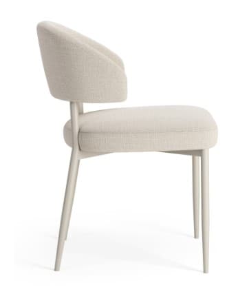 A modern dining chair featuring a curved, fully upholstered backrest and a matching upholstered seat, supported by a light-colored, possibly painted, slender frame with tapered legs. The upholstery is a textured cream or off-white fabric. — 3D model