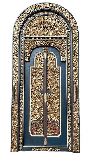 An intricately carved arched panel, likely functioning as a decorative door or architectural accent. It features a dark teal or navy blue background, against which highly detailed gold leaf carvings stand out. The carvings depict dense floral and foliate motifs, with some sections showing what appear to be mythical creatures or birds. The panel has an arched top and is presented in an upright, slightly angled position, showcasing its depth and ornate relief work. — 3D model