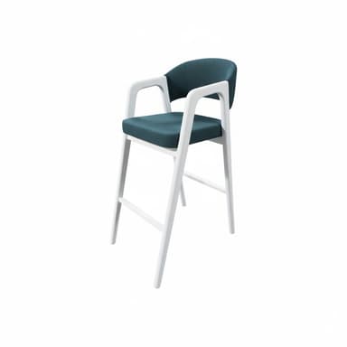 A modern bar stool with a white frame and a teal upholstered seat and backrest. The frame is constructed from a solid material, likely wood or metal, and has a sleek, minimalist design. The seat and back are cushioned and upholstered in a textured teal fabric. The stool features integrated armrests that are part of the frame structure. It includes a footrest connecting the front legs. The overall aesthetic is contemporary and functional. — 3D model