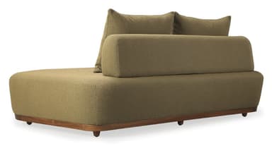 An upholstered sofa featuring a muted olive green, textured fabric, a distinctive tapered backrest, and an exposed wooden base with small, rounded feet. It includes two loose back cushions. — 3D model
