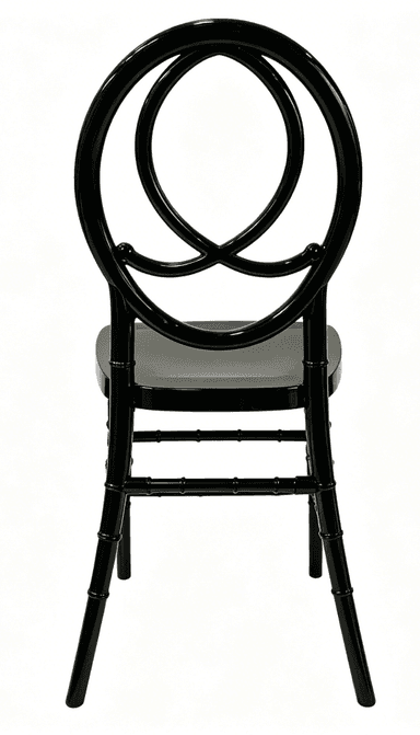 A glossy black Napoleon-style dining chair, featuring an ornate backrest with interlocking circular loops. The chair is armless, with slender legs and stretchers designed with a bamboo-like turned detail. The seat is a solid, flat black surface, complementing the high-sheen black lacquered finish of the entire frame. The design suggests a classic and elegant aesthetic, commonly found in formal event seating. — 3D model