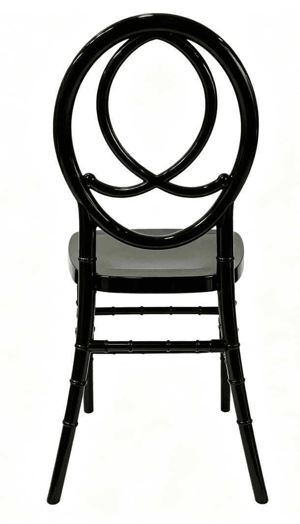 A glossy black Napoleon-style dining chair, featuring an ornate backrest with interlocking circular loops. The chair is armless, with slender legs and stretchers designed with a bamboo-like turned detail. The seat is a solid, flat black surface, complementing the high-sheen black lacquered finish of the entire frame. The design suggests a classic and elegant aesthetic, commonly found in formal event seating. — 3D model