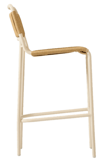 A contemporary bar stool featuring a light cream-colored tubular metal frame and a woven seat and backrest in a natural tan hue. The design is minimalist, combining industrial materials with organic textures. — 3D model