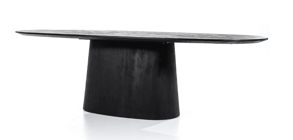 An oval-shaped dining table featuring a sleek, minimalist design with a single, robust pedestal base. The entire table, both the tabletop and the base, is finished in a dark, almost black, stained wood, revealing subtle wood grain texture. The tabletop has a consistent thickness and a smooth, rounded edge, suggesting solid construction. — 3D model