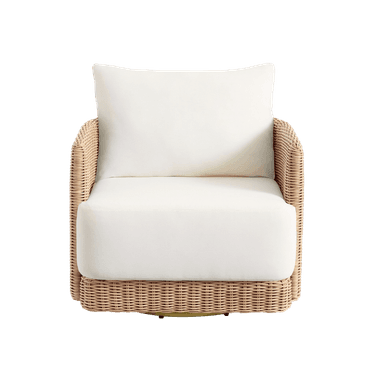 A plush armchair with a woven wicker base and frame, featuring thick, cream-colored cushions for the seat and back. The armchair appears to have a swivel base. — 3D model