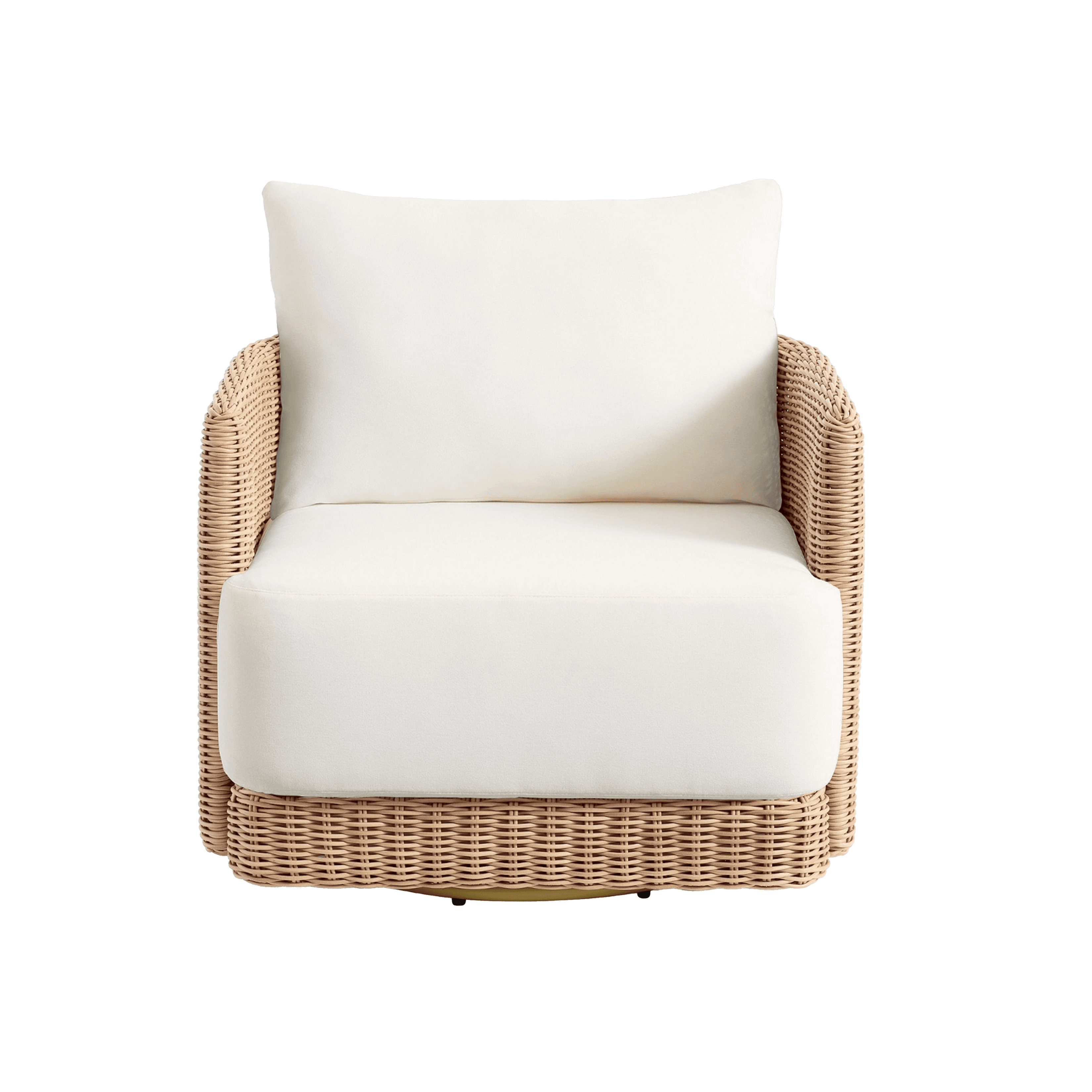 A plush armchair with a woven wicker base and frame, featuring thick, cream-colored cushions for the seat and back. The armchair appears to have a swivel base. — 3D model
