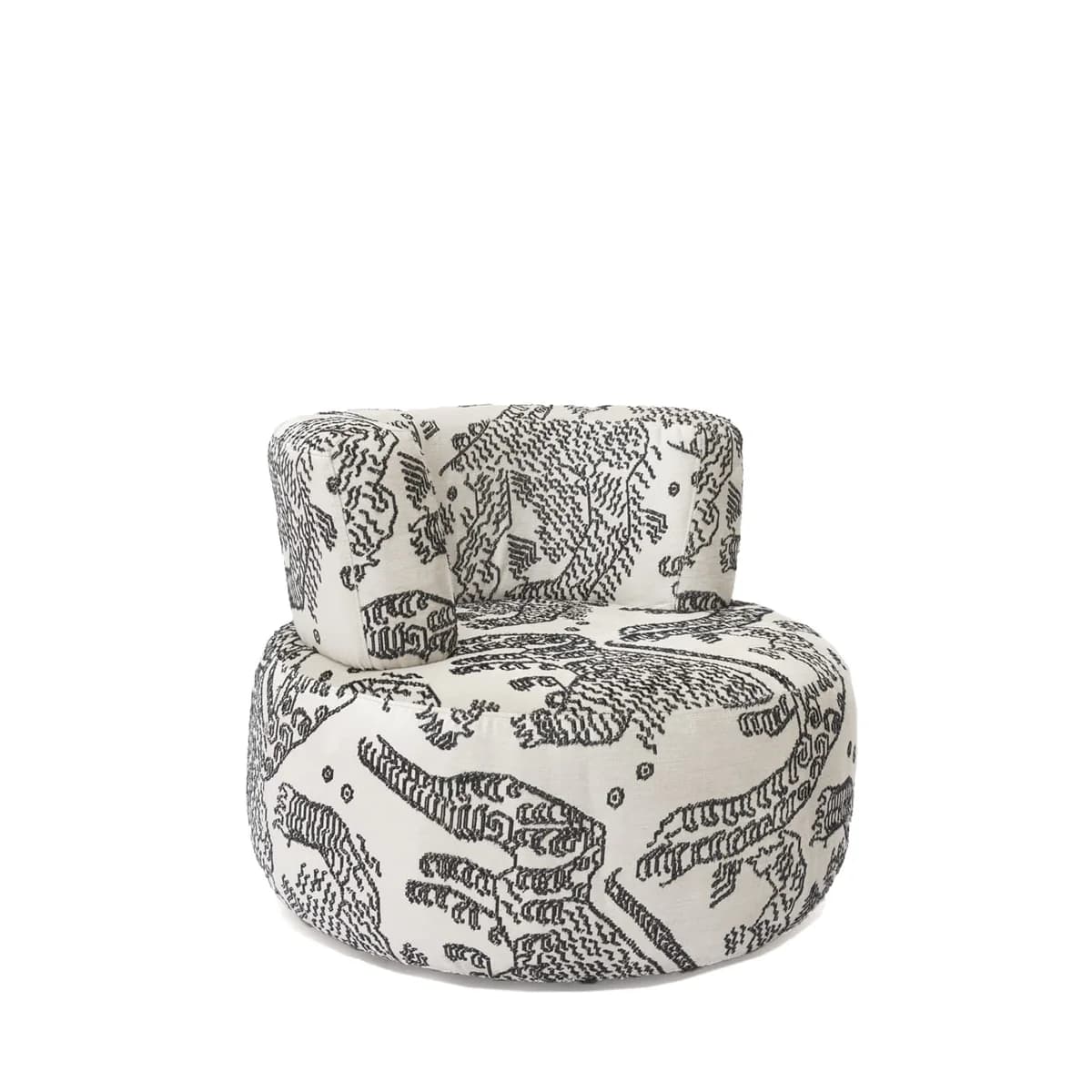 A contemporary armchair with a rounded, sculptural form. It features a low backrest that curves into integrated armrests, and a substantial, circular base. The upholstery is a textured fabric with a repeating monochromatic pattern that appears to depict stylized flora and fauna. — 3D model