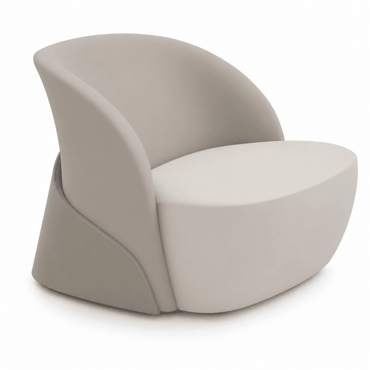 A contemporary, sculptural lounge chair featuring a distinctive two-tone upholstered design. The chair has a curvilinear form with a low-profile seat and a high, embracing backrest that gracefully wraps around, forming integrated armrests. The main body appears in a light taupe or beige hue, while the seat cushion and inner back are a contrasting lighter cream color. The chair sits directly on the floor with no visible legs, contributing to its modern, seamless aesthetic. — 3D model