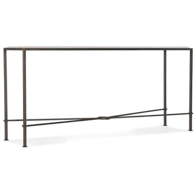 A rectangular console table featuring a light-colored stone top and a dark, hammered iron frame. The frame has straight vertical legs and a distinctive X-shaped stretcher near the bottom, connected by a central ring. — 3D model