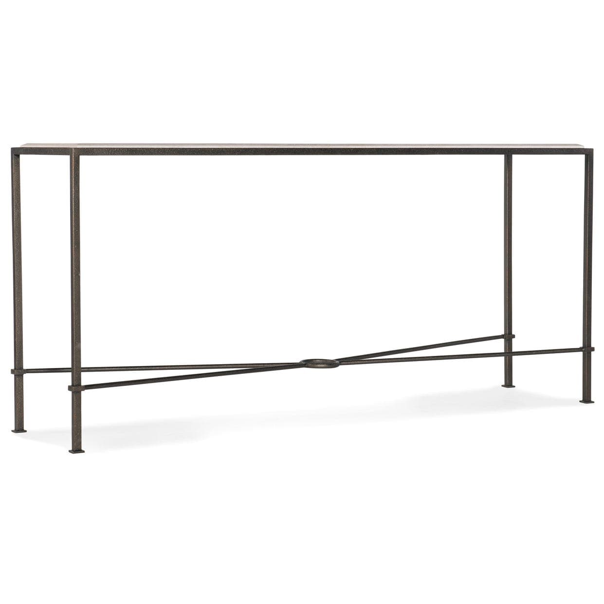 A rectangular console table featuring a light-colored stone top and a dark, hammered iron frame. The frame has straight vertical legs and a distinctive X-shaped stretcher near the bottom, connected by a central ring. — 3D model