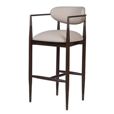 A contemporary bar stool featuring a dark stained wooden frame with a cream-colored upholstered seat and backrest. The frame includes integrated armrests and a wraparound footrest. The legs are tapered, contributing to a sleek and modern aesthetic. — 3D model
