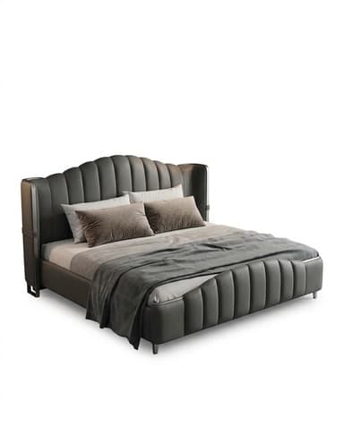 A contemporary upholstered platform bed featuring a dark gray material, likely leather or faux leather. The headboard is distinctly scalloped along its top edge and features vertical channel tufting. The footboard and side rails also exhibit matching vertical fluting, creating a cohesive and luxurious aesthetic. The bed stands on small, recessed cylindrical metal legs, contributing to its modern, low-profile design. It is adorned with a mattress, pillows, and a throw blanket. — 3D model