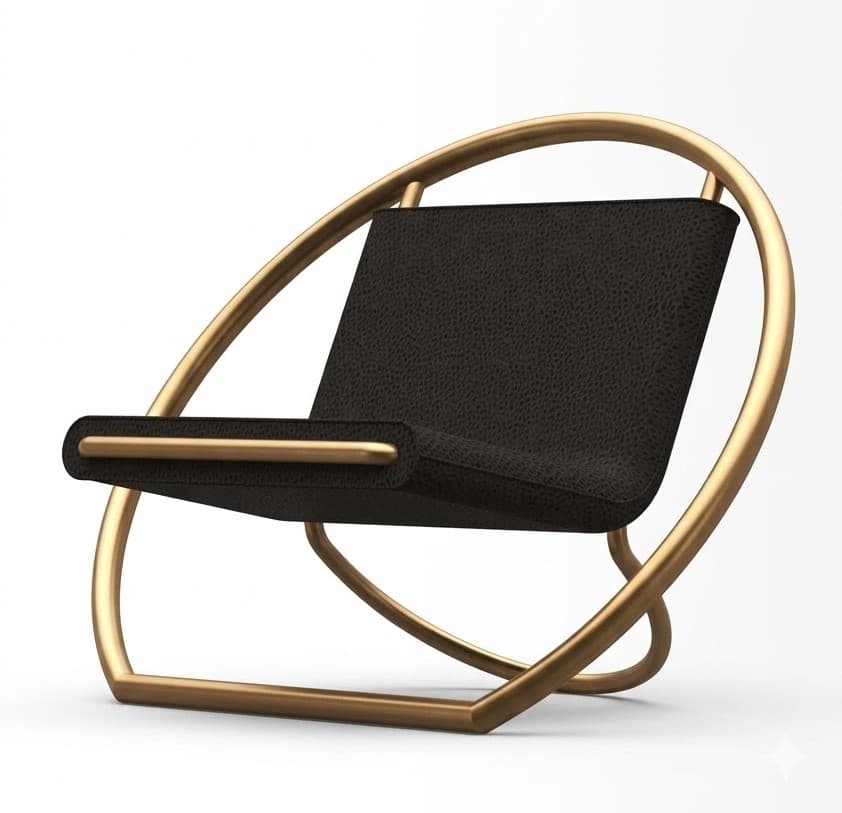 A modern lounge chair with a distinctive curvilinear frame and a suspended seat. The frame is constructed from polished metal tubing, forming an open oval shape that cradles the seat. The seat itself is upholstered in a textured black material, appearing to be leather or a high-quality synthetic, and is designed to conform to the sitter's body. A horizontal metal bar is integrated into the front edge of the seat for arm support. — 3D model