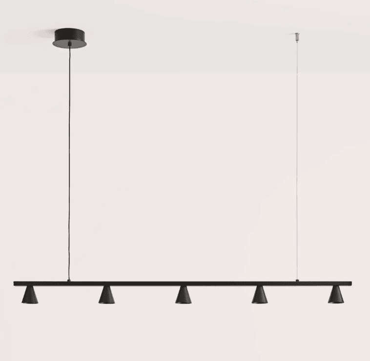 A modern, minimalist linear pendant light fixture featuring a long, matte black bar with five integrated conical spotlights, suspended from the ceiling by two thin cables. — 3D model