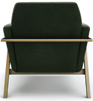 A contemporary armchair with dark green fabric upholstery and a polished gold-finished metal frame. The chair features a clean, geometric silhouette with padded armrests and a plush seat cushion. The exposed metal frame provides a minimalist and modern aesthetic. — 3D model