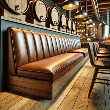 A long, tufted booth with a rich brown leather upholstery and a wooden base. The backrest features vertical channel tufting, and the seat is a single, continuous cushion. The base is constructed from layered wood with a visible grain pattern. — 3D model