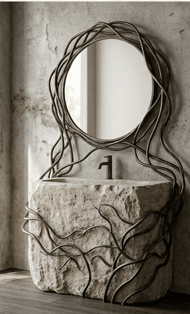 A unique bathroom vanity featuring a rough-hewn stone block serving as the base and integrated sink, complemented by an intricate, organic wrought metal frame that resembles entwined vines. This metalwork extends upwards to frame a circular mirror, creating a cohesive and sculptural unit. A minimalist dark-finished faucet is centrally mounted above the basin. — 3D model